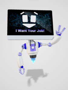 An AI Robot with the words "I Want Your Job" on its face.